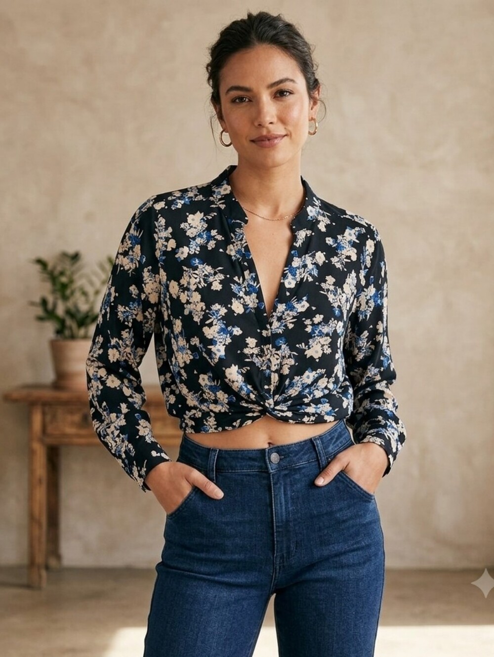 Zara Black 3/4 Sleeve Tie Front Blouse